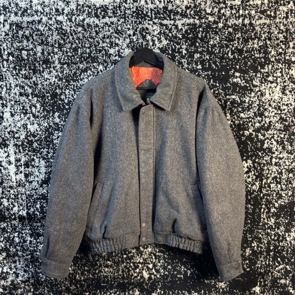 Hunt Club Vintage Wool Bomber Jacket Mens Medium Gray Paisley Lined Full Zip